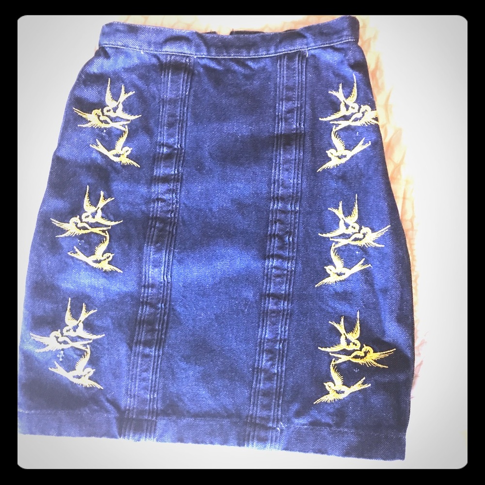 Vintage Jean Skirt with embroidered gold birds